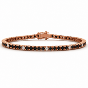 Natural black & white diamond tennis bracelet, round cut diamonds, rose gold, top perspective